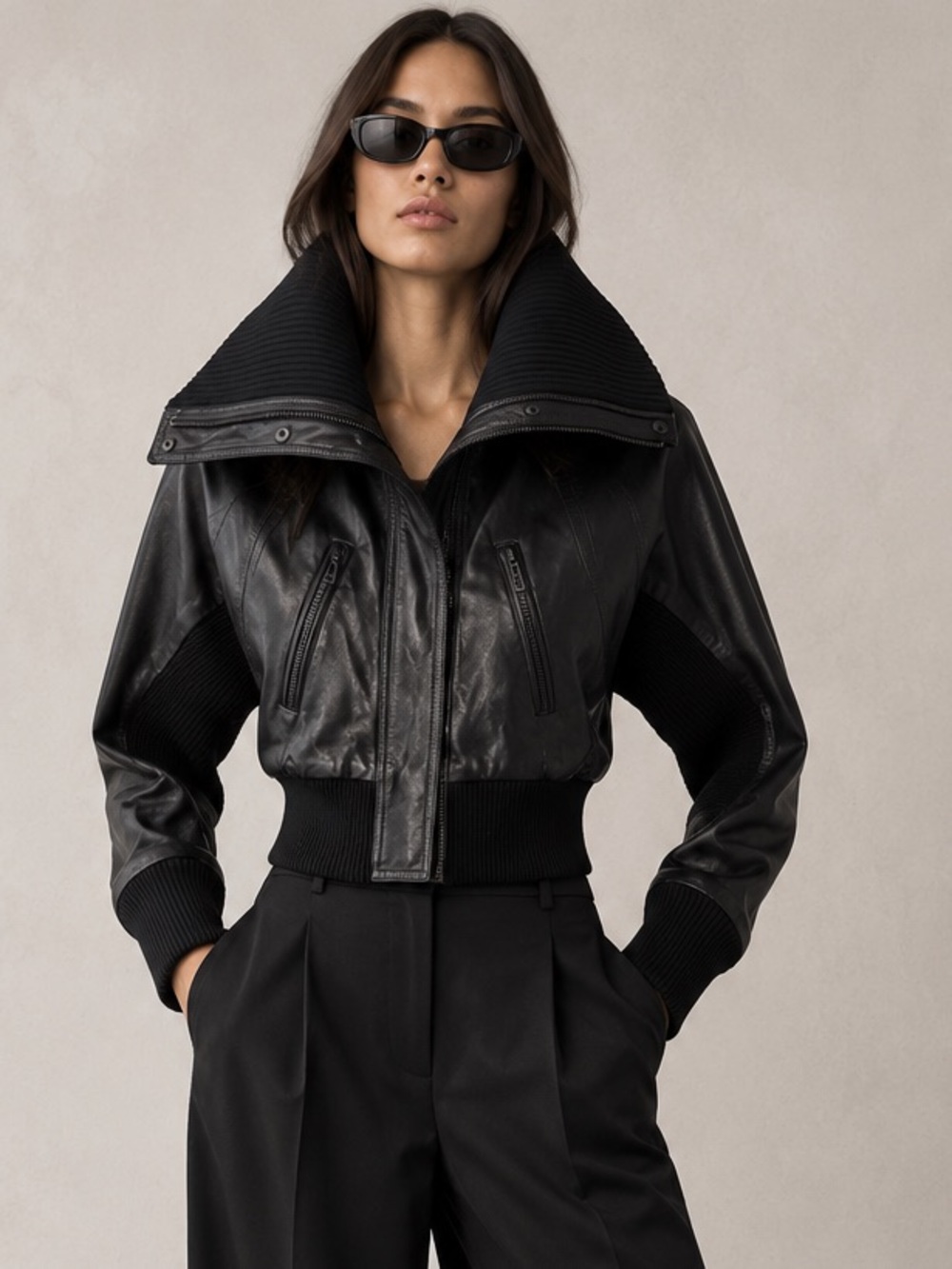 VINCE 100% Leather Batwing Moto Jacket XS Black Wool Collar | XS